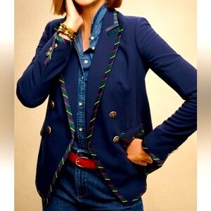 NWT Talbots Ribbon Trim Blazer Jacket Navy Blue Buttons Gold Red Yellow Green 12